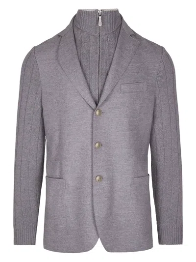Eleventy Single-breasted Wool Jacket With Ribbed Detailing In Gray