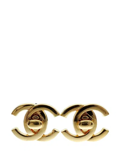 Pre-owned Chanel 1995 Gold Plated Cc Turn Lock Clip On Earrings Costume Earrings