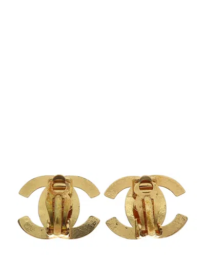 Pre-owned Chanel 1995 Gold Plated Cc Turn Lock Clip On Earrings Costume Earrings