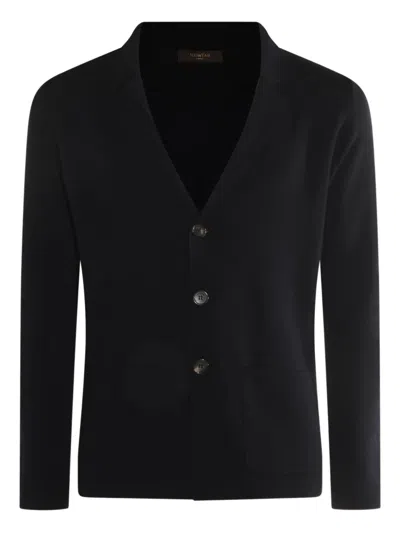 Zanone Crewneck Sweater With Front Pockets And Notched Lapel In Black