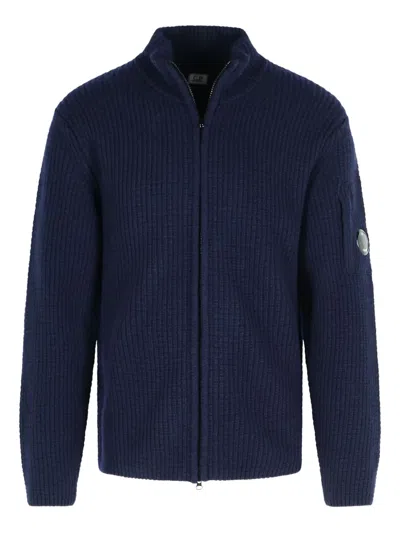 C.p. Company Ribbed Knit Zip-up Sweater With High Collar And Logo Patch In Blue