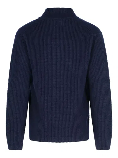 C.p. Company Ribbed Knit Zip-up Sweater With High Collar And Logo Patch In Blue