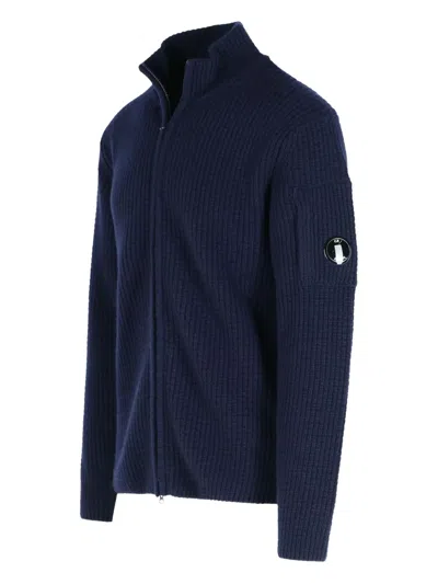 C.p. Company Ribbed Knit Zip-up Sweater With High Collar And Logo Patch In Blue