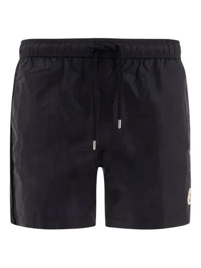 Moncler Logo Patch Swim Shorts With Elastic Waist In Black