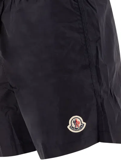 Moncler Logo Patch Swim Shorts With Elastic Waist In Black