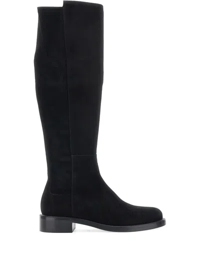Stuart Weitzman Suede And Fabric Knee-high Block Heel Boots In Black