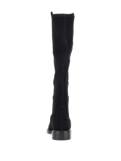 Stuart Weitzman Suede And Fabric Knee-high Block Heel Boots In Black