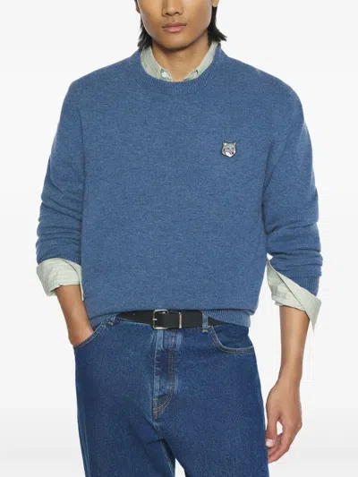 Maison Kitsuné Fox Head Wool Sweater In Blue