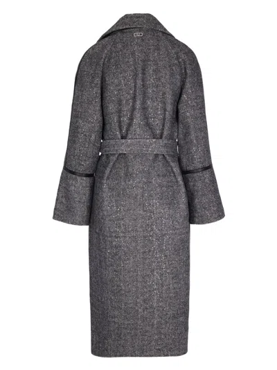 Liu •jo Herringbone Pattern Coat With Sequin Embellishments And Belted Waist In Black
