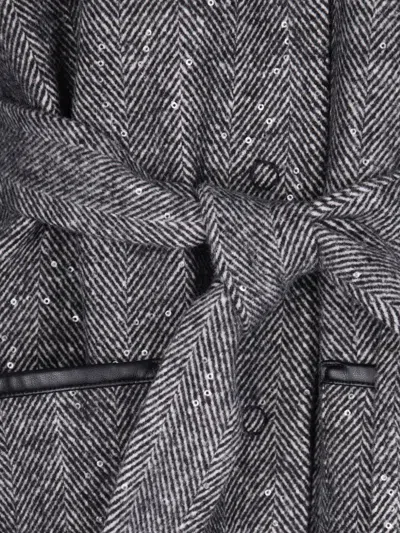 Liu •jo Herringbone Pattern Coat With Sequin Embellishments And Belted Waist In Black