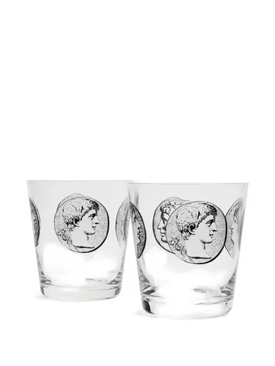 Fornasetti Coin-design Set Of Two Glasses In Transparent