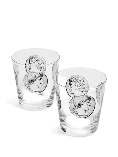 Fornasetti Coin-design Set Of Two Glasses In Transparent