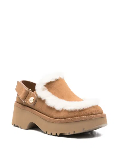 Ugg Suede Mules With Plush Trim And Adjustable Strap In Brown