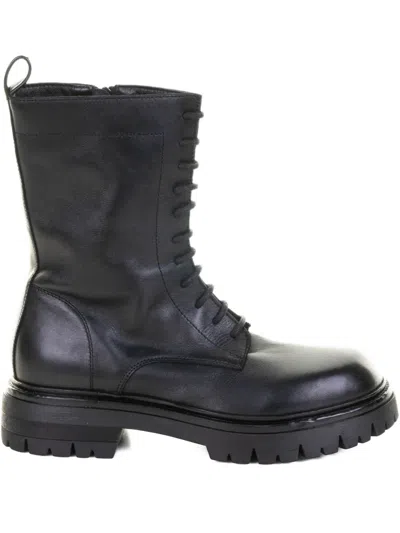 Elena Iachi Black Leather Biker Boot With Laces In Black