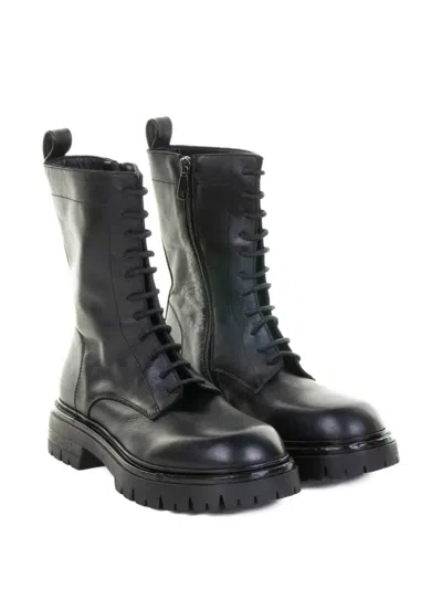 Elena Iachi Black Leather Biker Boot With Laces In Black