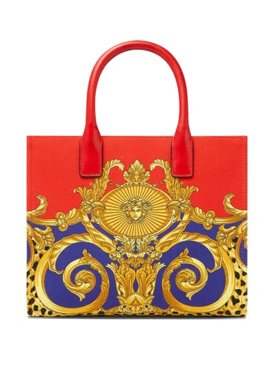 Versace La Medusa Small Printed Canvas Tote Bag In Red