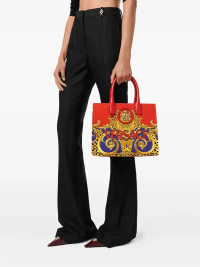 Versace La Medusa Small Printed Canvas Tote Bag In Red