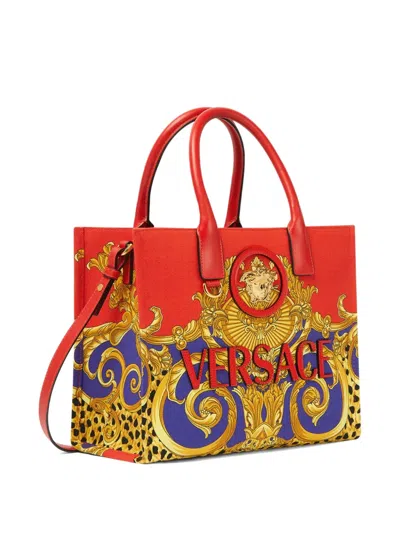 Versace La Medusa Small Printed Canvas Tote Bag In Red