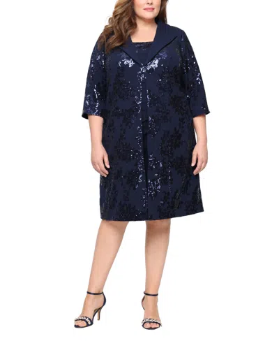 Alex Evenings Plus Size Short Stretch Scuba Crepe 3/4-sleeve Jacket Dress In Blue