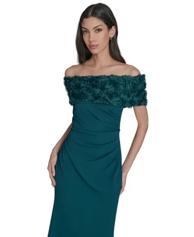 Eliza J Petite Rosette-trim Off-the-shoulder Evening Gown In Green