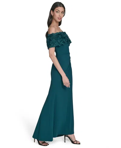 Eliza J Petite Rosette-trim Off-the-shoulder Evening Gown In Green