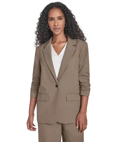 Calvin Klein Petite Novelty Check One Button Jacket In Brown