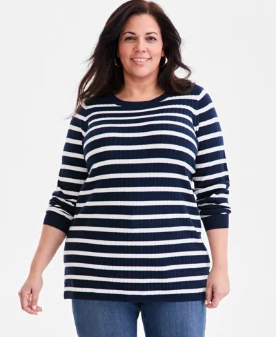 Style & Co Plus Size Legacy Stripe Long-sleeve Sweater, Macy's Exclusive In Blue