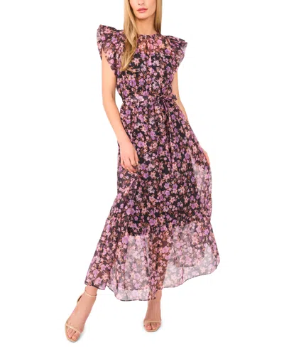 Cece Floral Print Flutter Sleeve Maxi Dress In Multi
