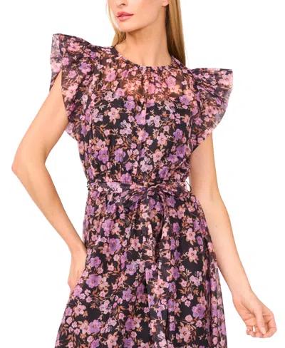 Cece Floral Print Flutter Sleeve Maxi Dress In Multi