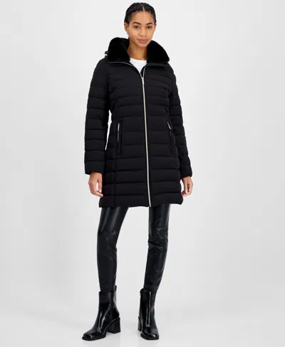 Michael Kors Michael  Petite Faux-fur-collar Hooded Packable Puffer Coat In Black