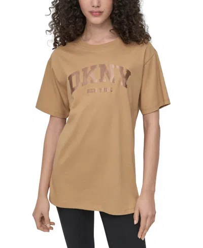 Dkny Sport Women's Varsity Satin Logo Oversized Cotton T-shirt In Brown