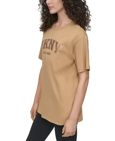 Dkny Sport Women's Varsity Satin Logo Oversized Cotton T-shirt In Brown