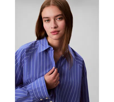 Calvin Klein Jeans Est.1978 Calvin Klein Women's Stripe Cropped Boxy Button-down Shirt In Blue