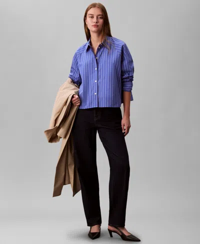 Calvin Klein Jeans Est.1978 Calvin Klein Women's Stripe Cropped Boxy Button-down Shirt In Blue