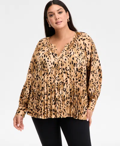 Inc International Concepts Plus Size Printed Pleated Blouse, Macy's Exclusive In Multi