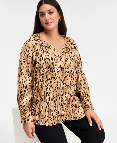 Inc International Concepts Plus Size Printed Pleated Blouse, Macy's Exclusive In Multi