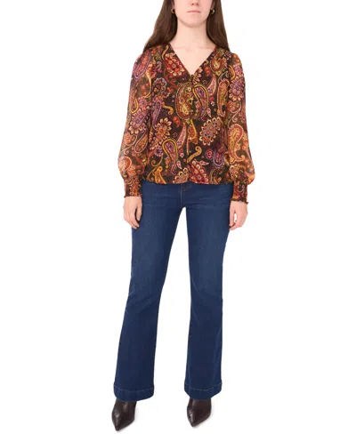 Sam & Jess Petite Smocked Shoulder V-neck Blouse Top In Green