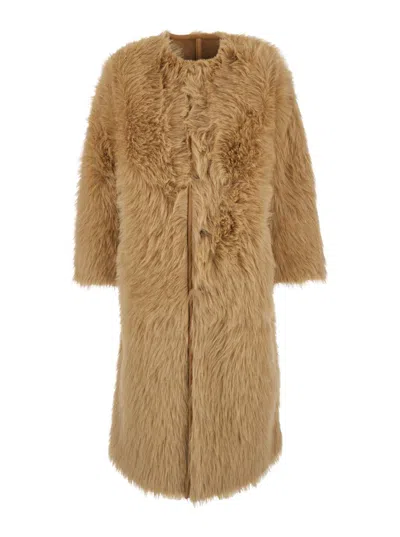 Urbancode Beige Shearling Coat With Round Neck And Front Closure In Faux Fur Woman In Brown