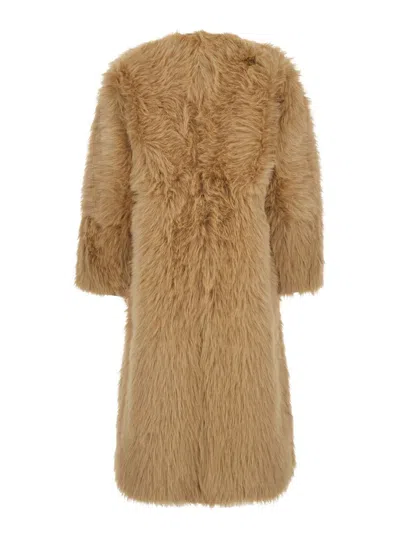 Urbancode Beige Shearling Coat With Round Neck And Front Closure In Faux Fur Woman In Brown