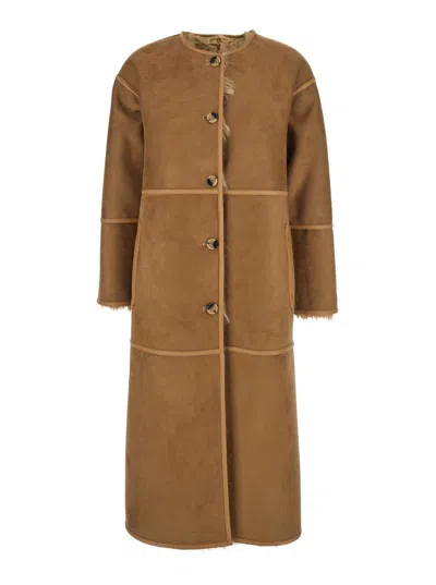 Urbancode Beige Shearling Coat With Round Neck And Front Closure In Faux Fur Woman In Brown