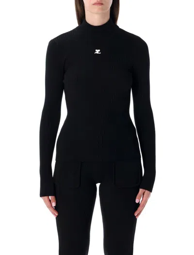 Courrèges Mockneck Rib Knit Sweater In Black