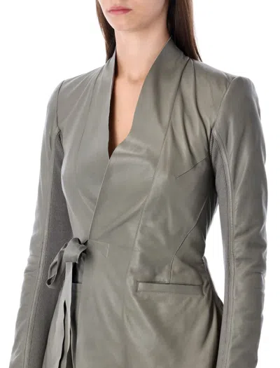 Rick Owens Leather Jacket With Tie Waist And Long Sleeves In Green