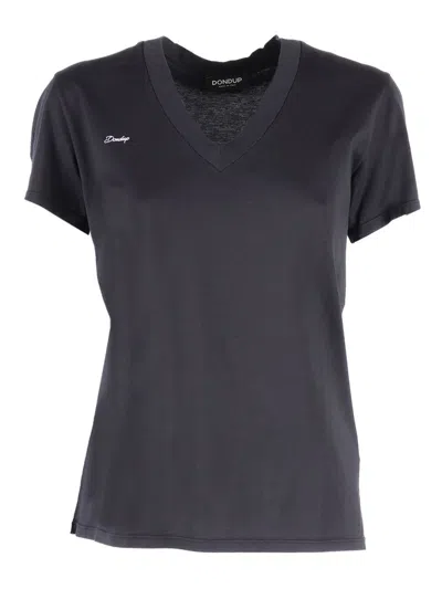 Dondup V-neck Embroidered T-shirt In Black