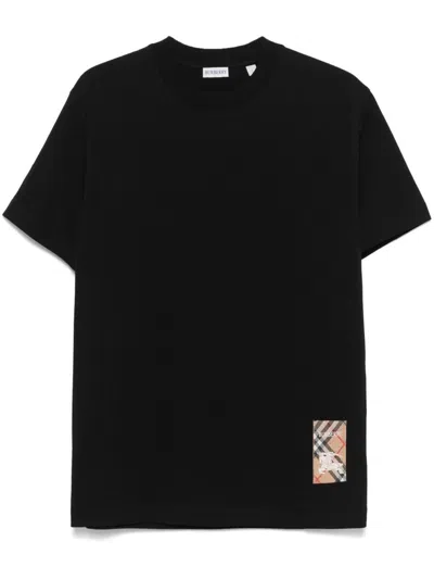 Burberry Men Black T-shirt T-shirt With Logo Patch With Tartan Motif In Cotton Man In Black