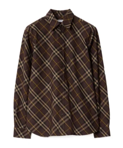 Burberry Long Sleeve Button-down Shirt With Plaid Design In Brown