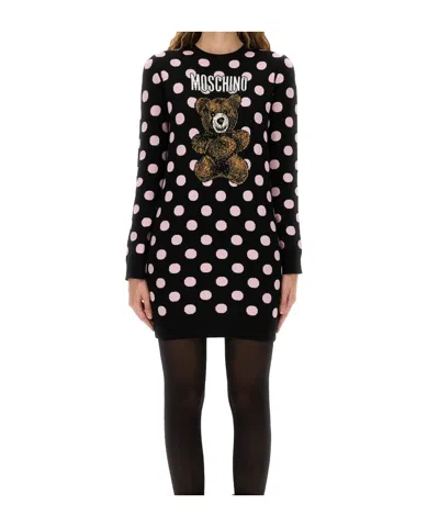 Moschino Long Sleeve Polka Dot Graphic Dress In Black
