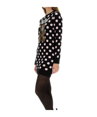Moschino Long Sleeve Polka Dot Graphic Dress In Black