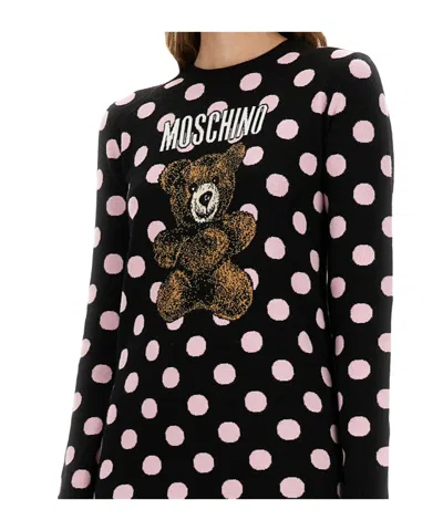 Moschino Long Sleeve Polka Dot Graphic Dress In Black