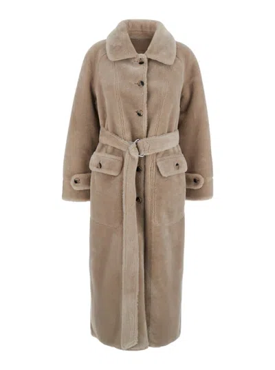 Urbancode Beige Shearling Coat With Classic Collar And Waist Belt In Faux Fur Woman In Brown