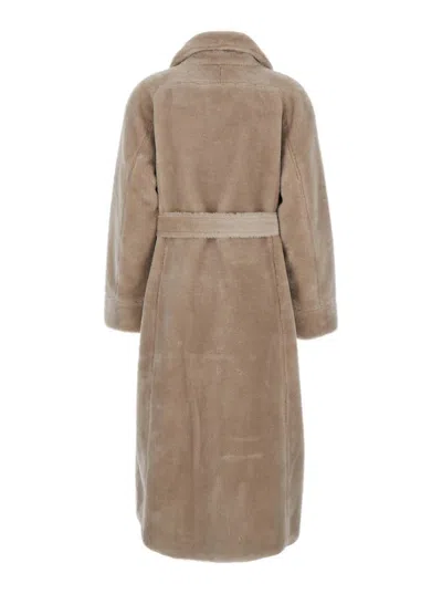 Urbancode Beige Shearling Coat With Classic Collar And Waist Belt In Faux Fur Woman In Brown